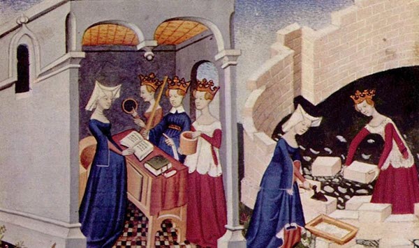 Vrouwelijke metsers die een ringmuur bouwen - Frankrijk 15de eeuw